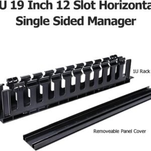 1U 19 Inch 12 Slot Horizontal Single Sided Manager, Cable Raceway Duct with Cover for Rack Mount Cable Management, 3.43 inch Depth